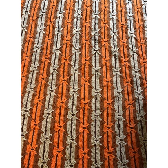 Huge Vintage Diamond Pattern Handmade Afghan Crochet Blanket 90x45  Orange/Brown - Picture 6 of 6